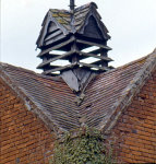 The louver at Eardisland, Herefordshire, before restoration.  The inclined boards six inches apart were designed to keep out the larger birds of prey.
